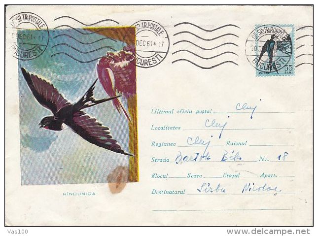 BIRDS, SWALLOW, COVER STATIONERY, ENTIER POSTAL, 1961, ROMANIA - Zwaluwen