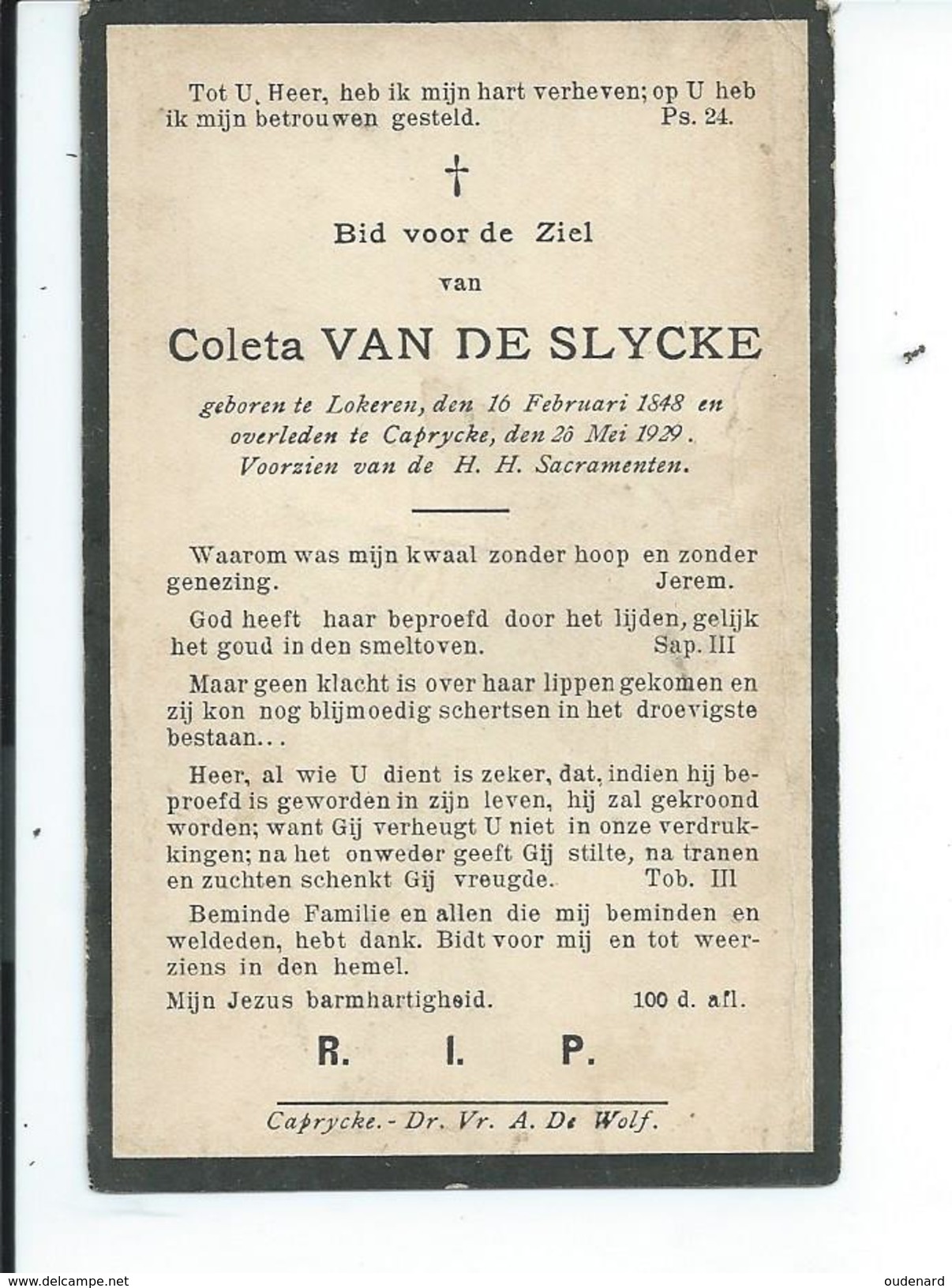 B.P. LOKEREN VAN DE SLYCKE COLETA 1848 - 1929  CAPRYCKE - Religion & Esotericism