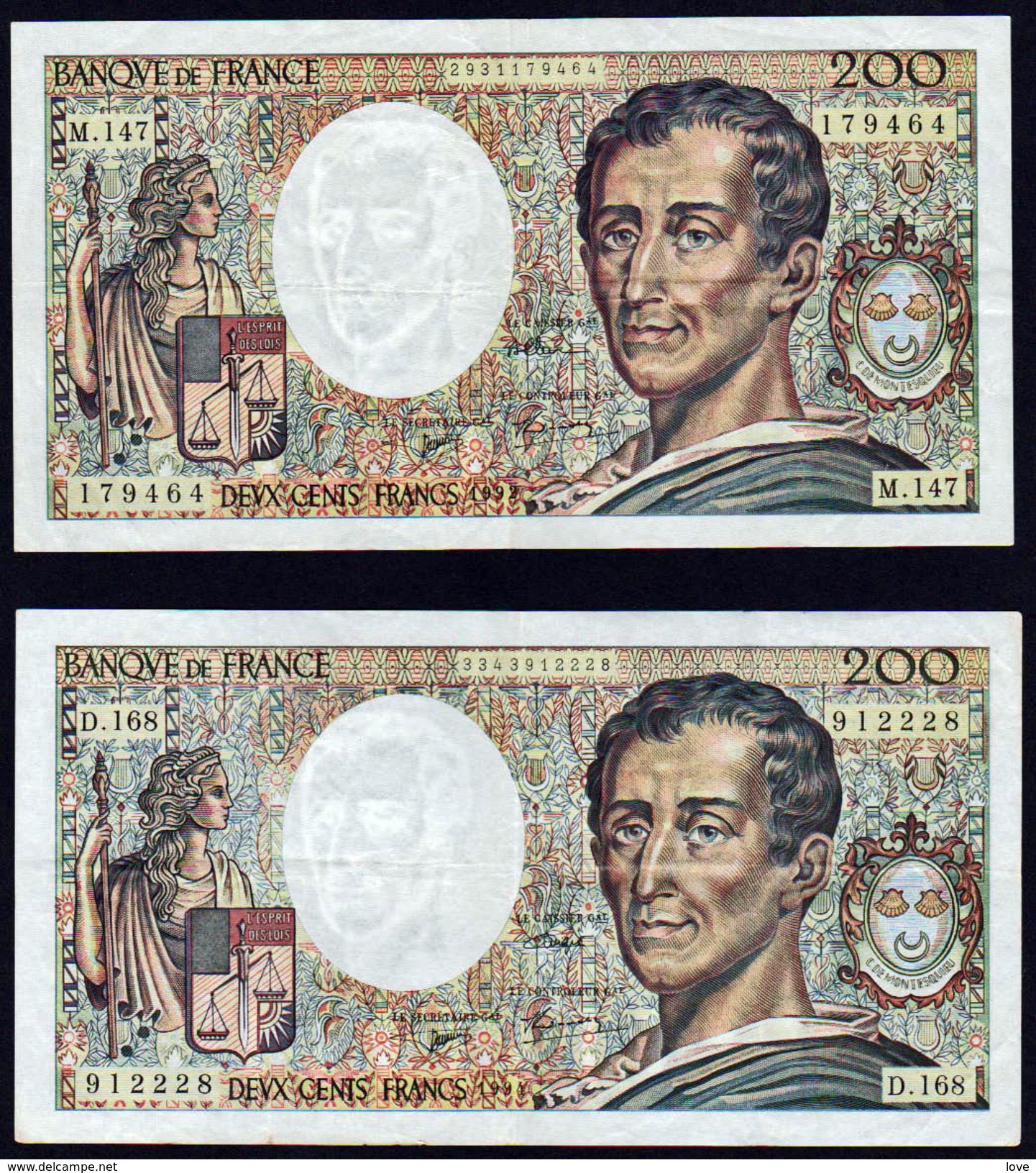 FRANCE: Bon Lot De 2 Billets: 200 F Montesquieu, N° 70 Date 1992 Et N°70/2 Date 1994 (plus Rare) - 200 F 1981-1994 ''Montesquieu''