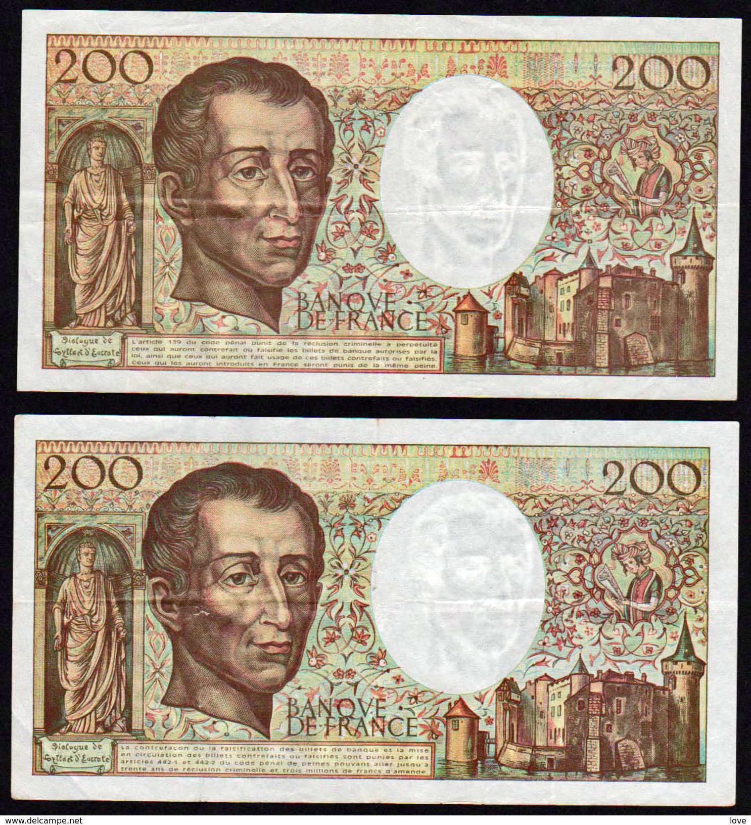 FRANCE: Bon Lot De 2 Billets: 200 F Montesquieu, N° 70 Date 1992 Et N°70/2 Date 1994 (plus Rare) - 200 F 1981-1994 ''Montesquieu''