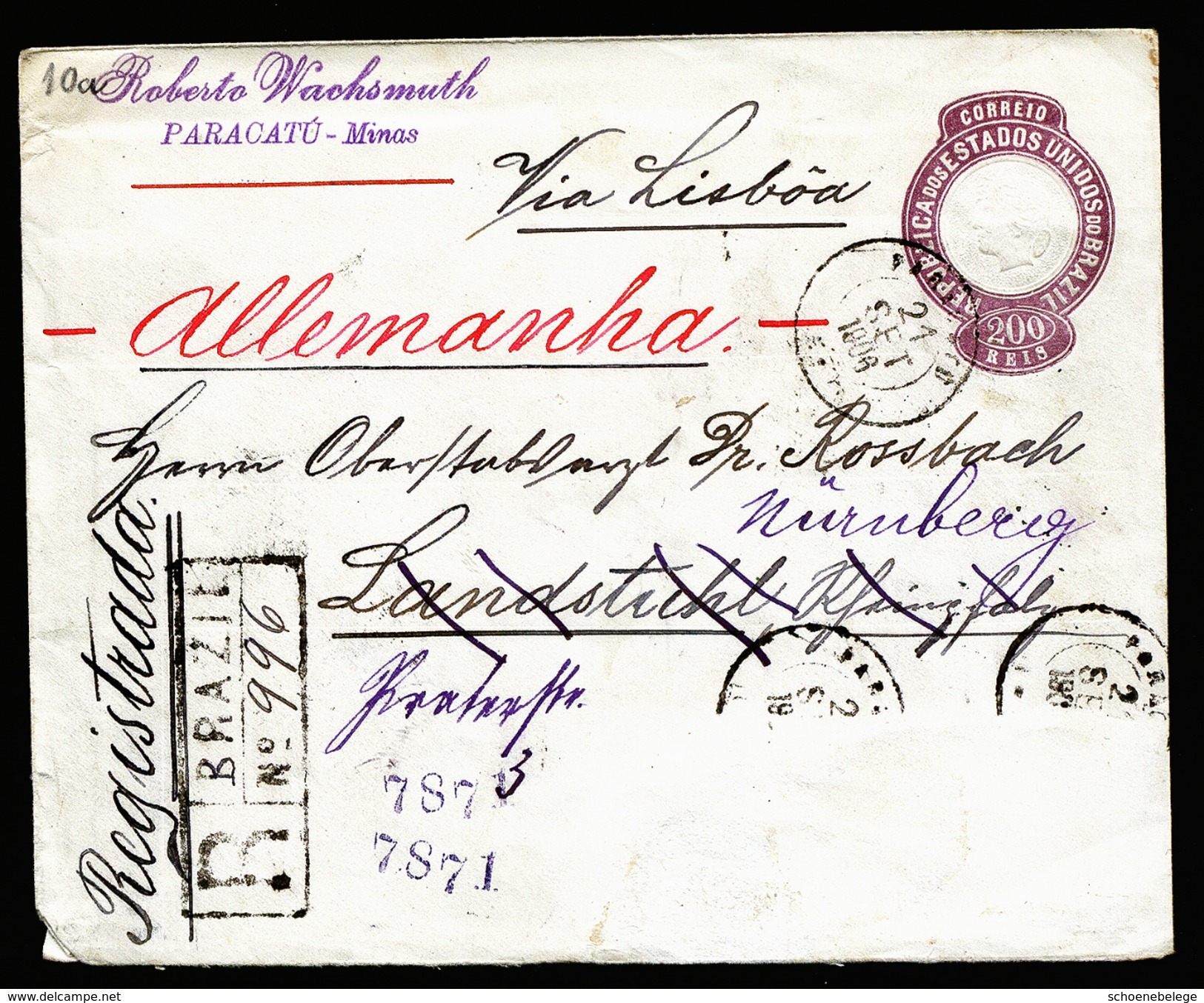A4676) Brazil Brasilien R-Brief Von Paracatu 21.09.1906 Nach Deutschland - Cartas & Documentos