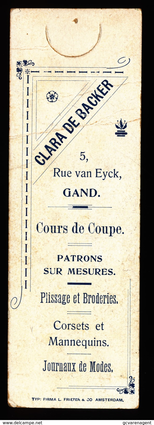 BLADWIJZER MET REKLAME GENT - CLARA DE BACKER - RUE VAN EYCK GAND - PLISSAGE ET BRODERIES 15 X 5 CM !!! MET KREUK - Marque-Pages