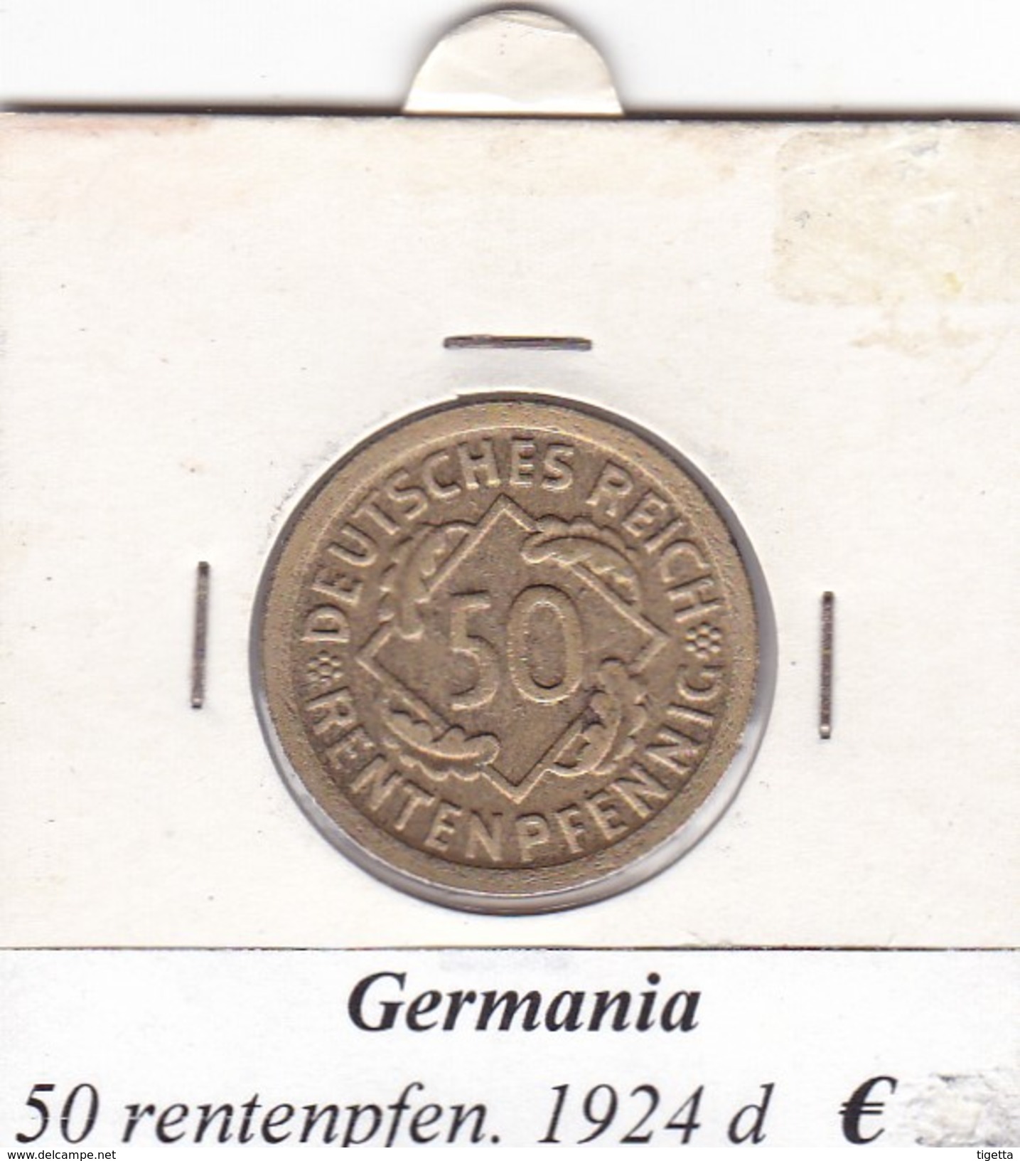 GERMANIA  50 RENTENPFENNIG  1924  LETTERA D  COME DA FOTO - 50 Rentenpfennig & 50 Reichspfennig