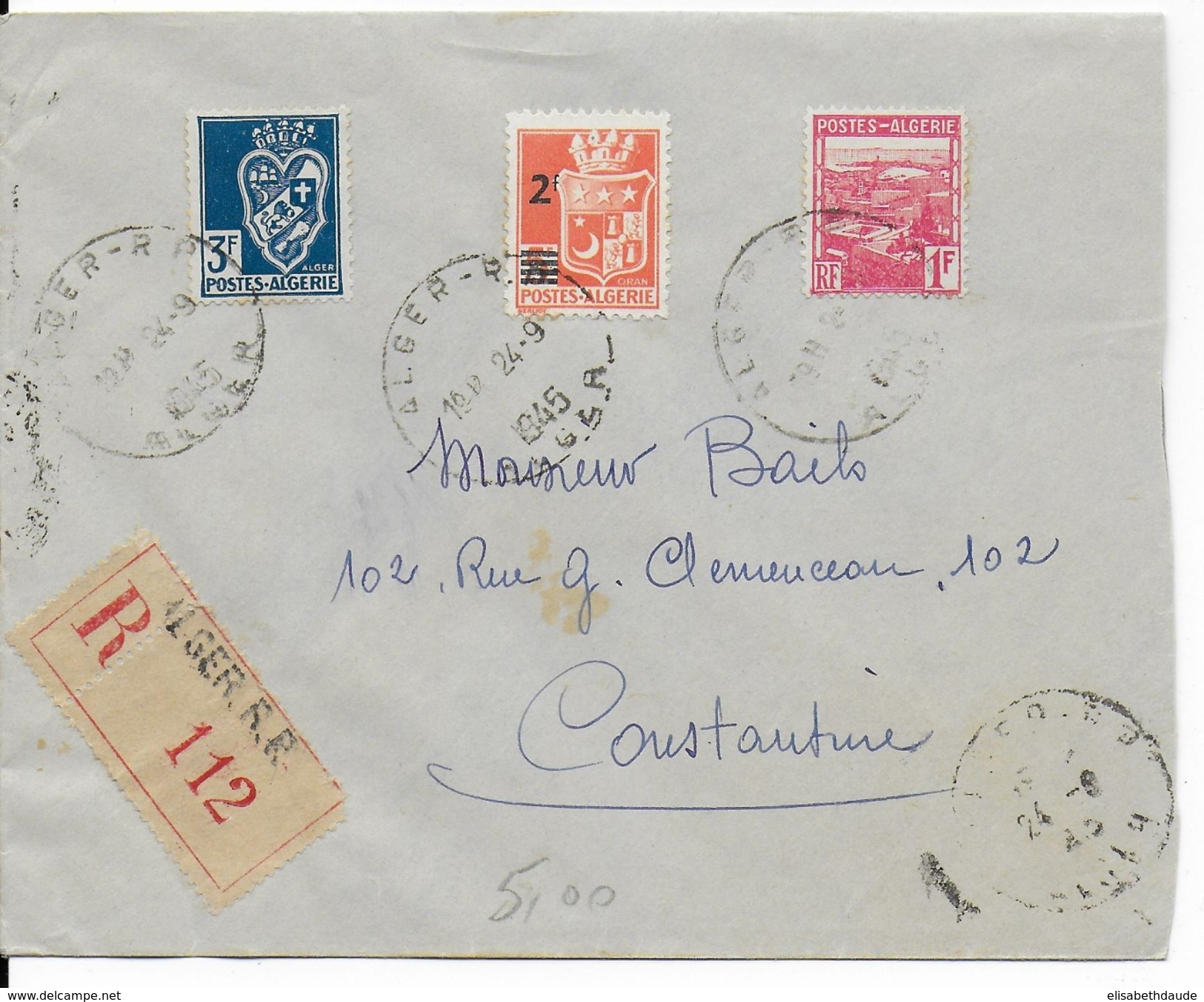 1945 - ALGERIE - ENVELOPPE RECOMMANDEE De ALGER => CONSTANTINE - ARMOIRIES - Briefe U. Dokumente