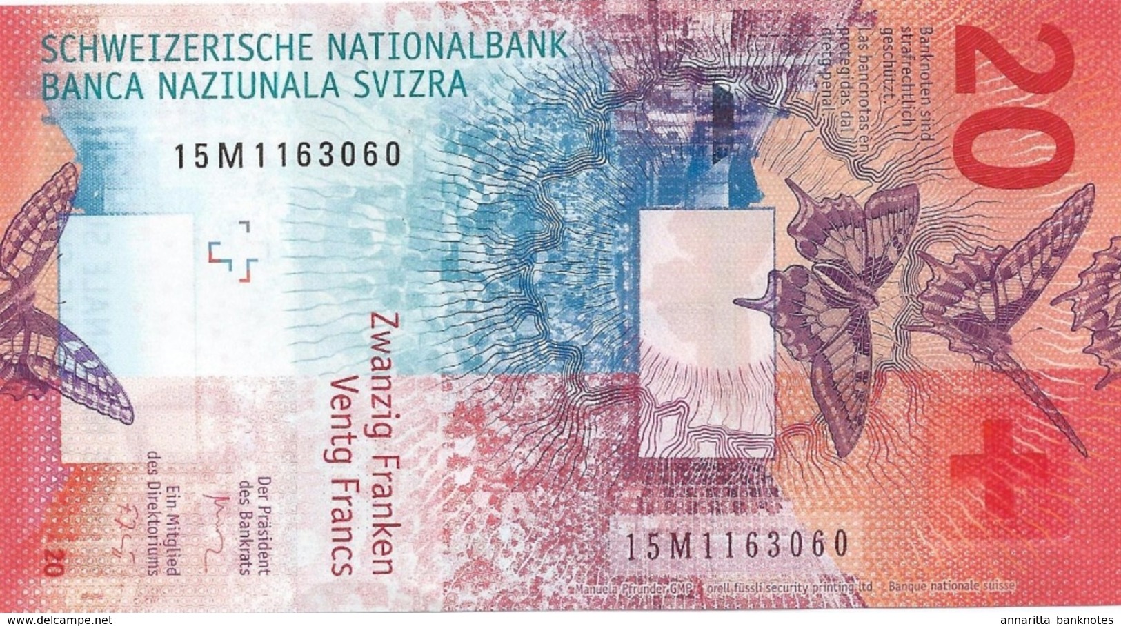 SWITZERLAND 20 FRANCS 2015 (2017) P-76a UNC SIGN. STUDER & ZURBRÜGG [CH356a] - Switzerland