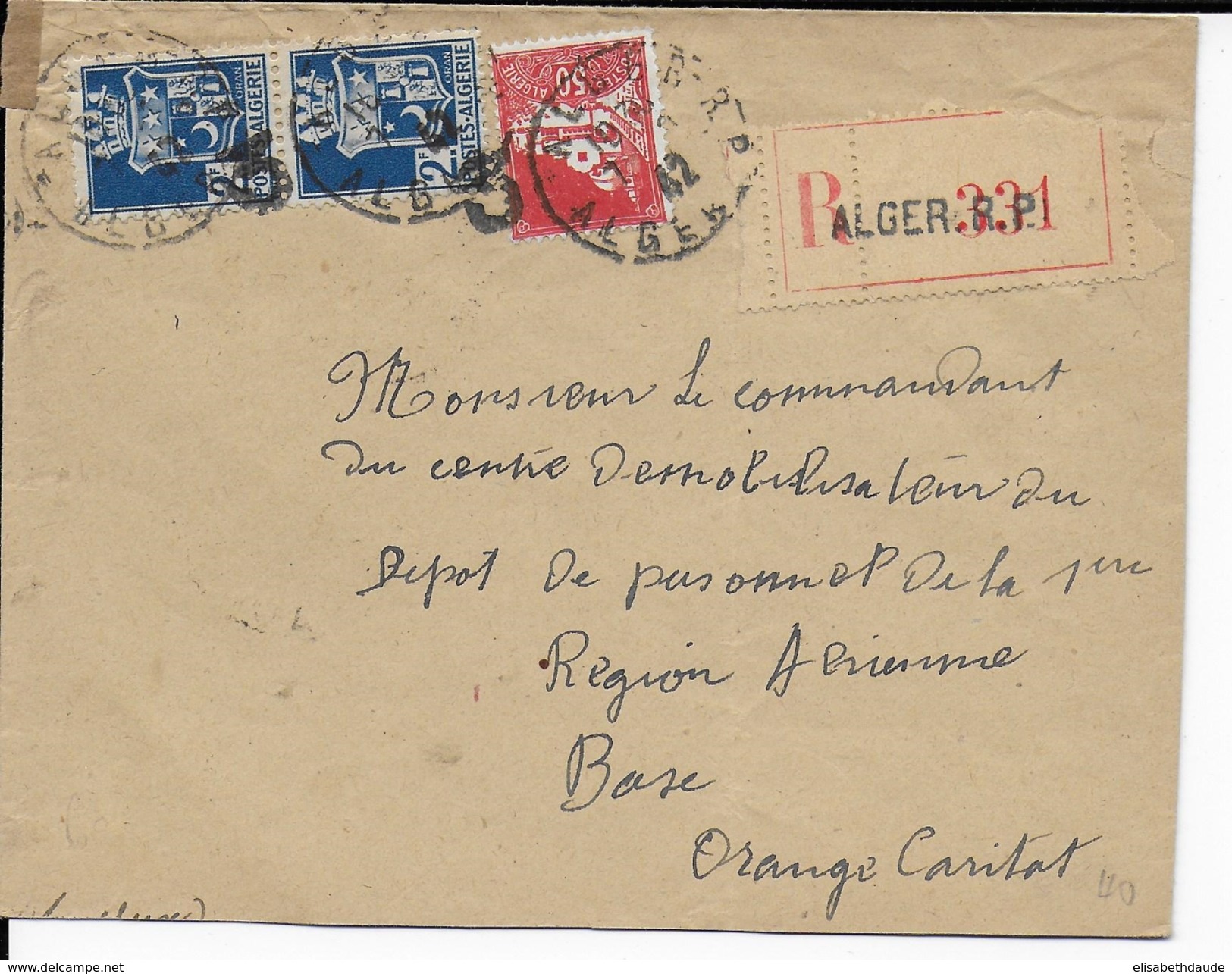 1942 - ALGERIE - ENVELOPPE RECOMMANDEE De ALGER => BASE AERIENNE De ORANGE (VAUCLUSE) - ARMOIRIES - Covers & Documents