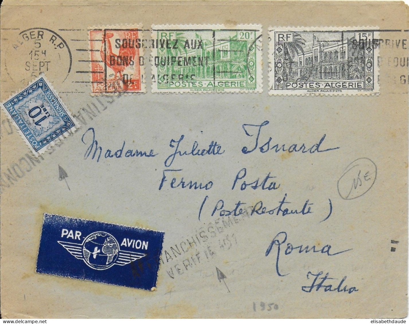 1950 - ALGERIE - ENVELOPPE Par AVION De ALGER => ROMA (ITALIE) Avec TAXE POSTE RESTANTE - AFFR. VERIFIE - Cartas & Documentos