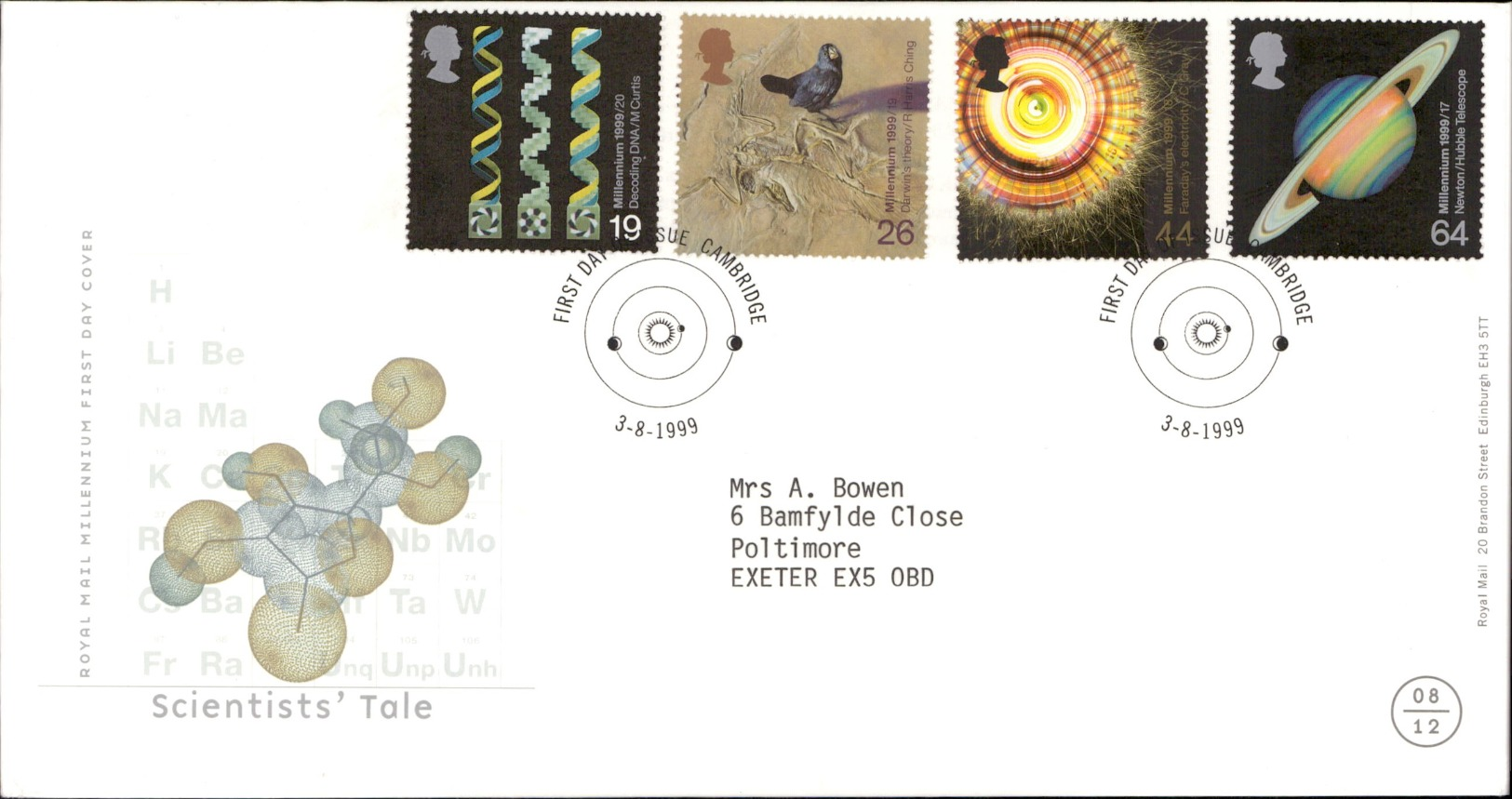 03.08.1999 Scientists' Tale Royal Mail Millenium First Day Cover FDC Cambridge SHS - 1991-2000 Em. Décimales