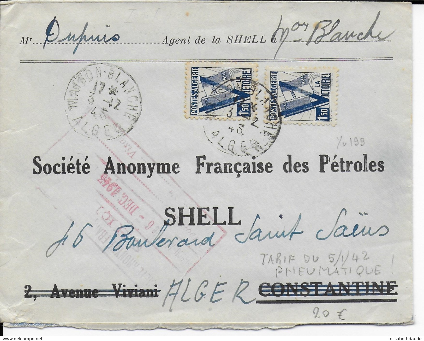 1945 - ALGERIE - UN SEUL BUT LA VICTOIRE - TARIF PNEUMATIQUE - ENVELOPPE De ALGER MAISON BLANCHE => ALGER - Briefe U. Dokumente