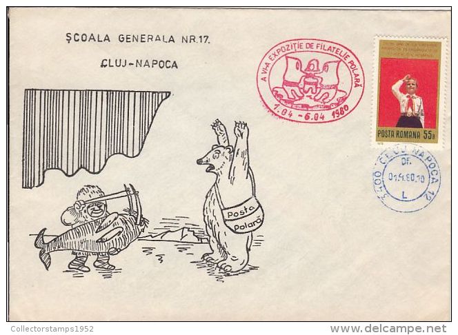 60908- POLAR BEAR, WALRUS, ESKIMO, POLAR PHILATELIC EXHIBITION, SPECIAL COVER, 1980, ROMANIA - Events & Commemorations