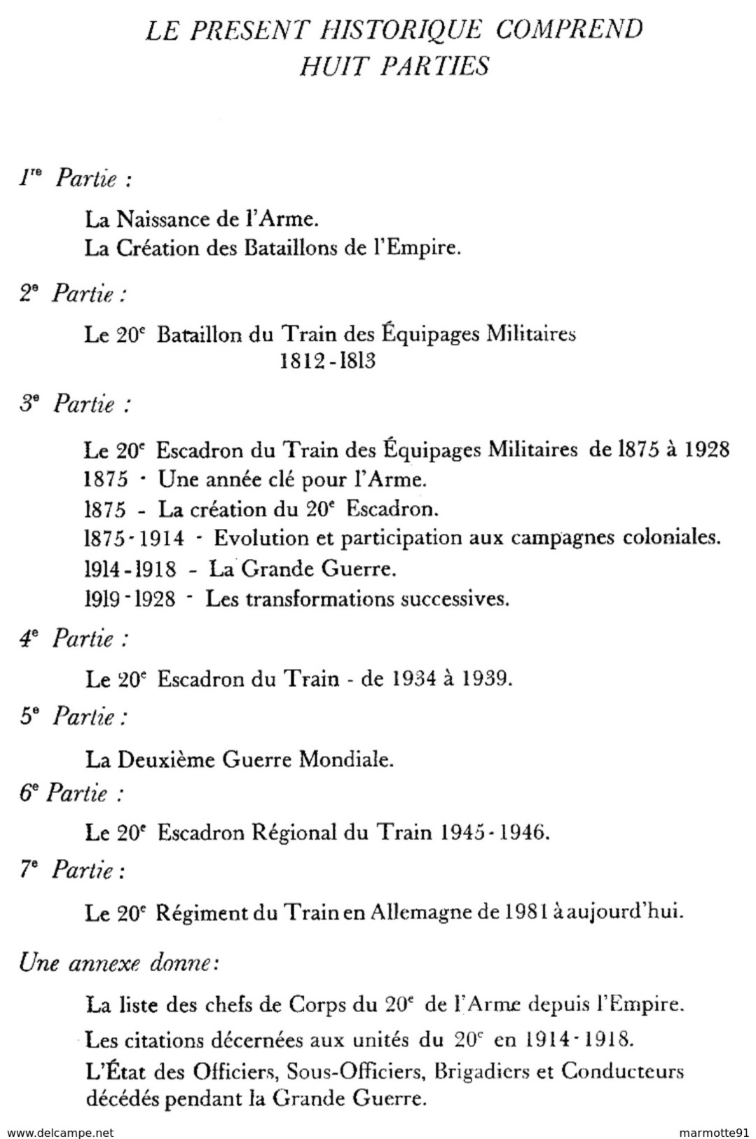 HISTORIQUE DU 20e BATAILLON DU TRAIN DES EQUIPAGES MILITAIRES AU 20e REGIMENT DU TRAIN - Francese