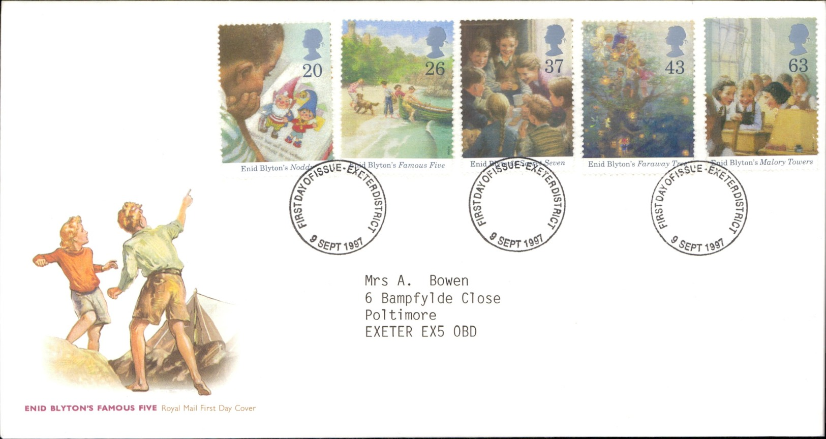 09.09.1997 Enid Blyton's Famous Five Royal Mail First Day Cover FDC Exeterdistrict SHS - 1991-2000 Em. Décimales