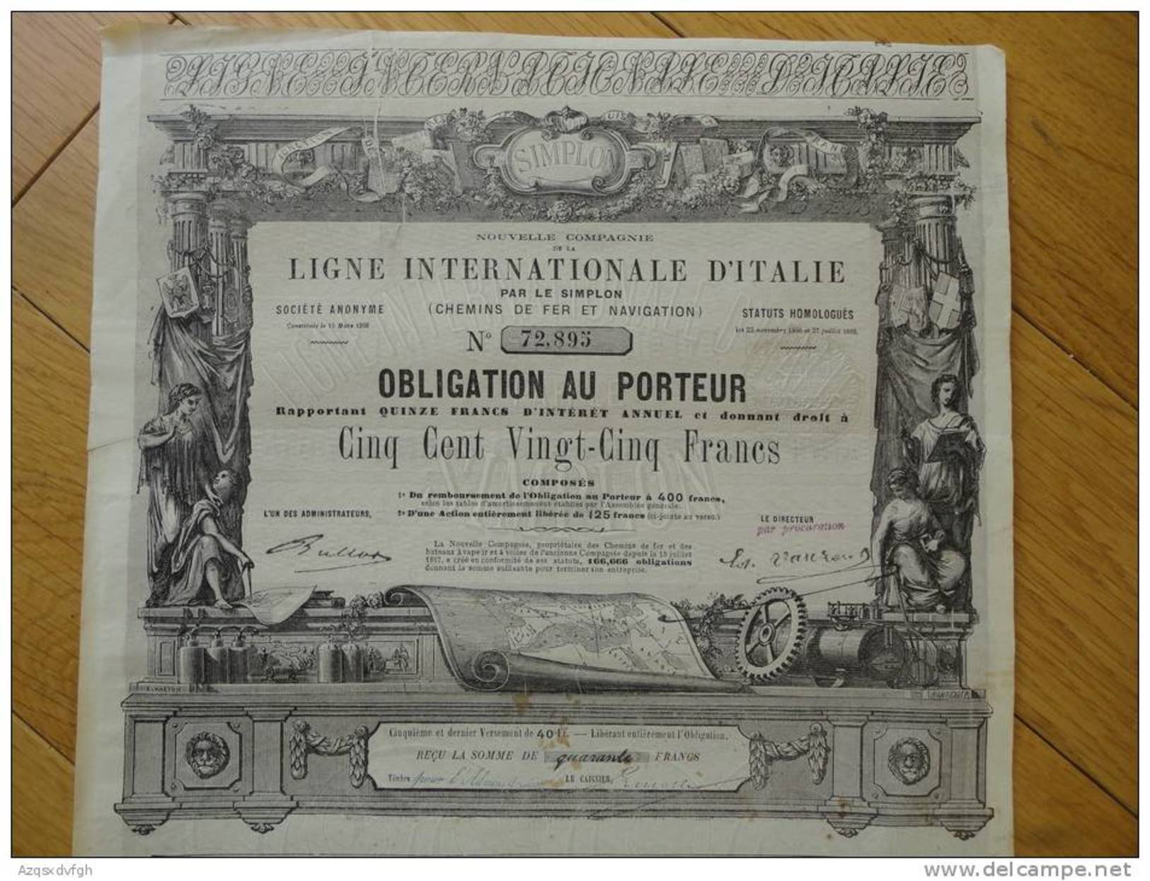 LIGNE INTERNATIONALE D´ITALIE PAR LE SIMPLON - RARE - 1867 RICHEMENT DECOREE - Railway & Tramway