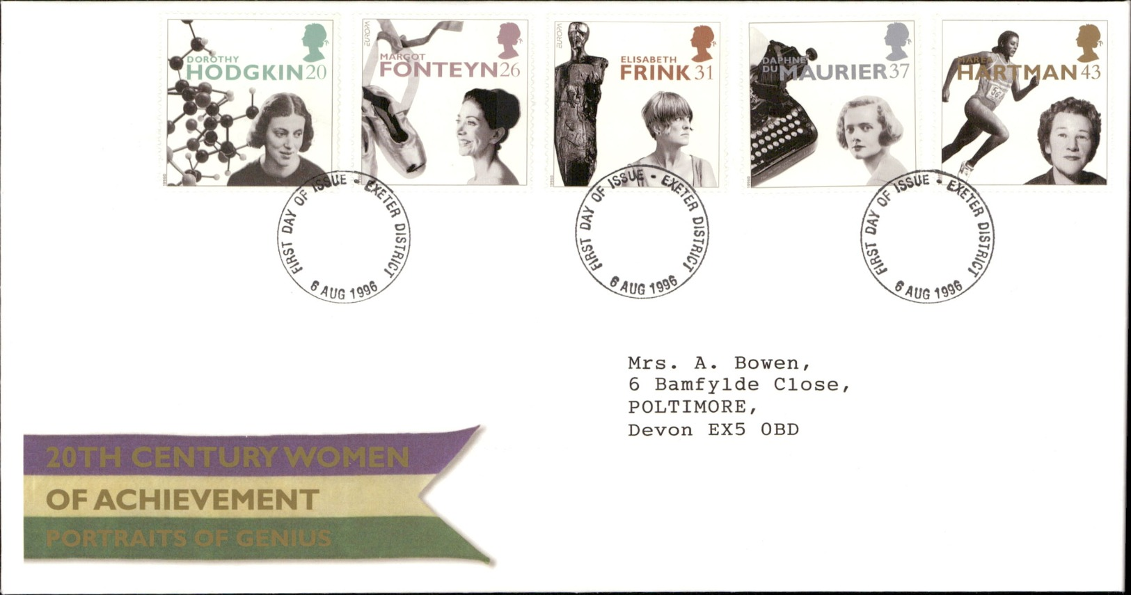 06.08.1996 20th Century Women Of Achievement Portraits Of Genius Royal Mail First Day Cover FDC Exeter District SHS - 1991-2000 Em. Décimales