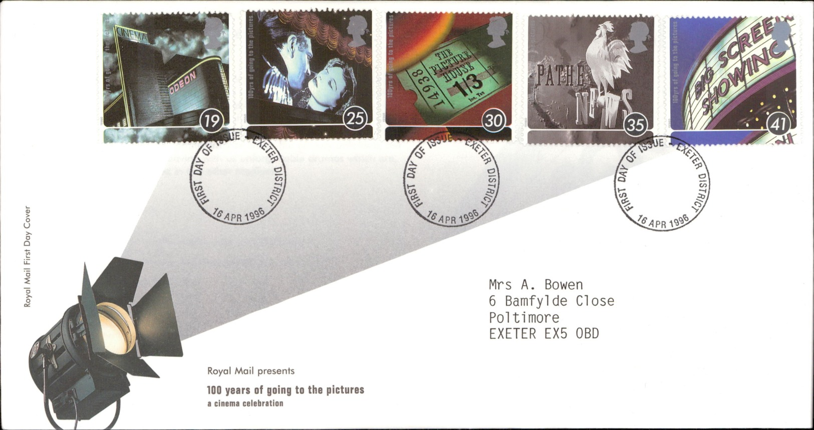 16.04.1996 100 Years Of Going To The Pictures A Cinema Celebration Royal Mail First Day Cover FDC Exeter District SHS - 1991-2000 Em. Décimales