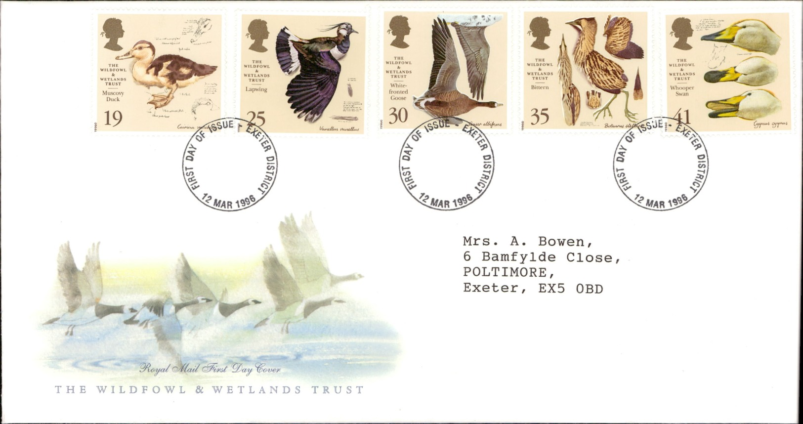 12.03.1996 The Woldfowl & Wetlands Trust Royal Mail First Day Cover FDC Exeter District SHS - 1991-2000 Em. Décimales