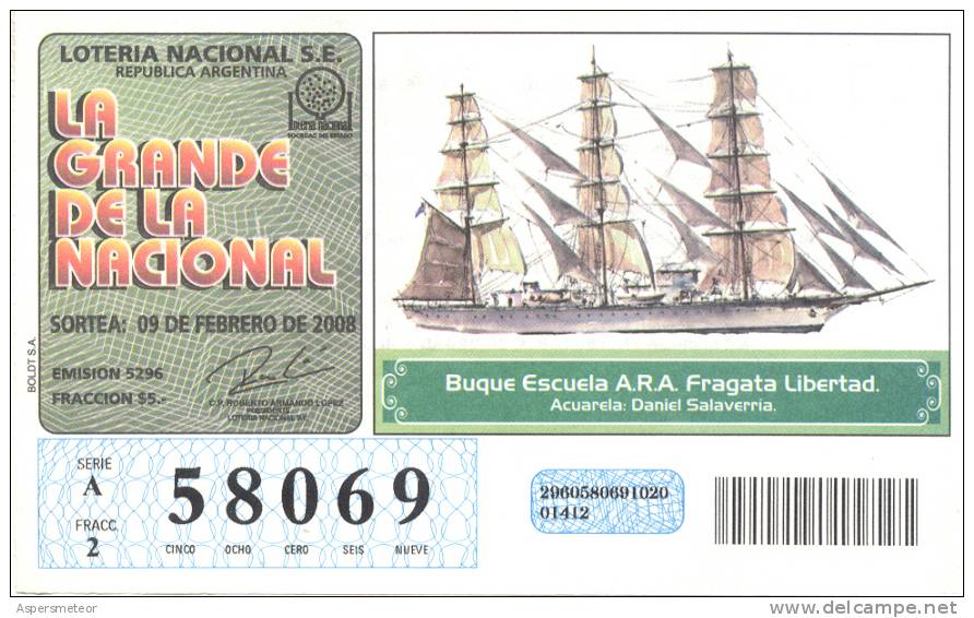 BUQUE ESCUELA A.R.A. ARMADA ARGENTINA FRAGATA LIBERTAD - ACUARELA DE DANIEL SALAVERRIA LOTTERY TICKET - Billetes De Lotería