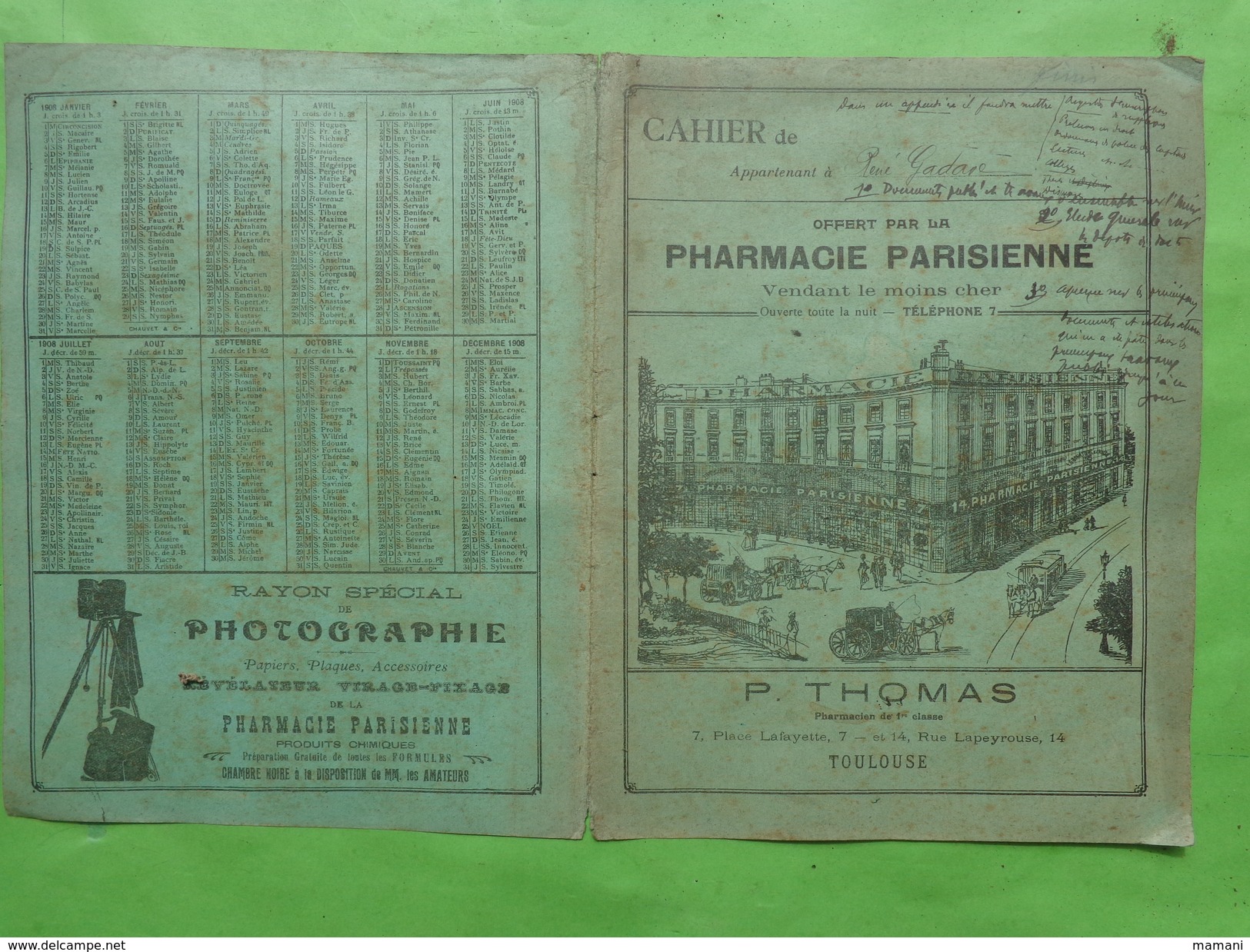 Couverture Seule De Cahier -pub Pharmacie Parisienne -thomas A Toulouse Appartenant A Rene Gadave - Protège-cahiers