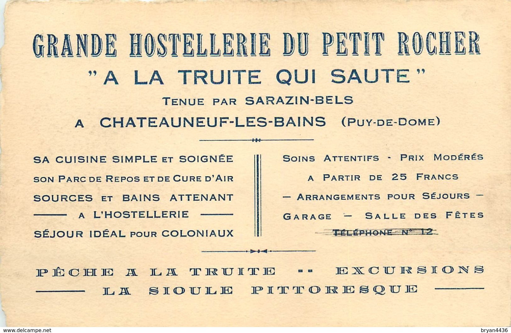 CHATEAUNEUF LES BAINS - GRANDE HOSTELLERIE DU PETIT ROCHER "A LA TRUITE QUI SAUTE" CARTE COMMERCIALE ANCIENNE(9 X 14 Cm) - Autres & Non Classés