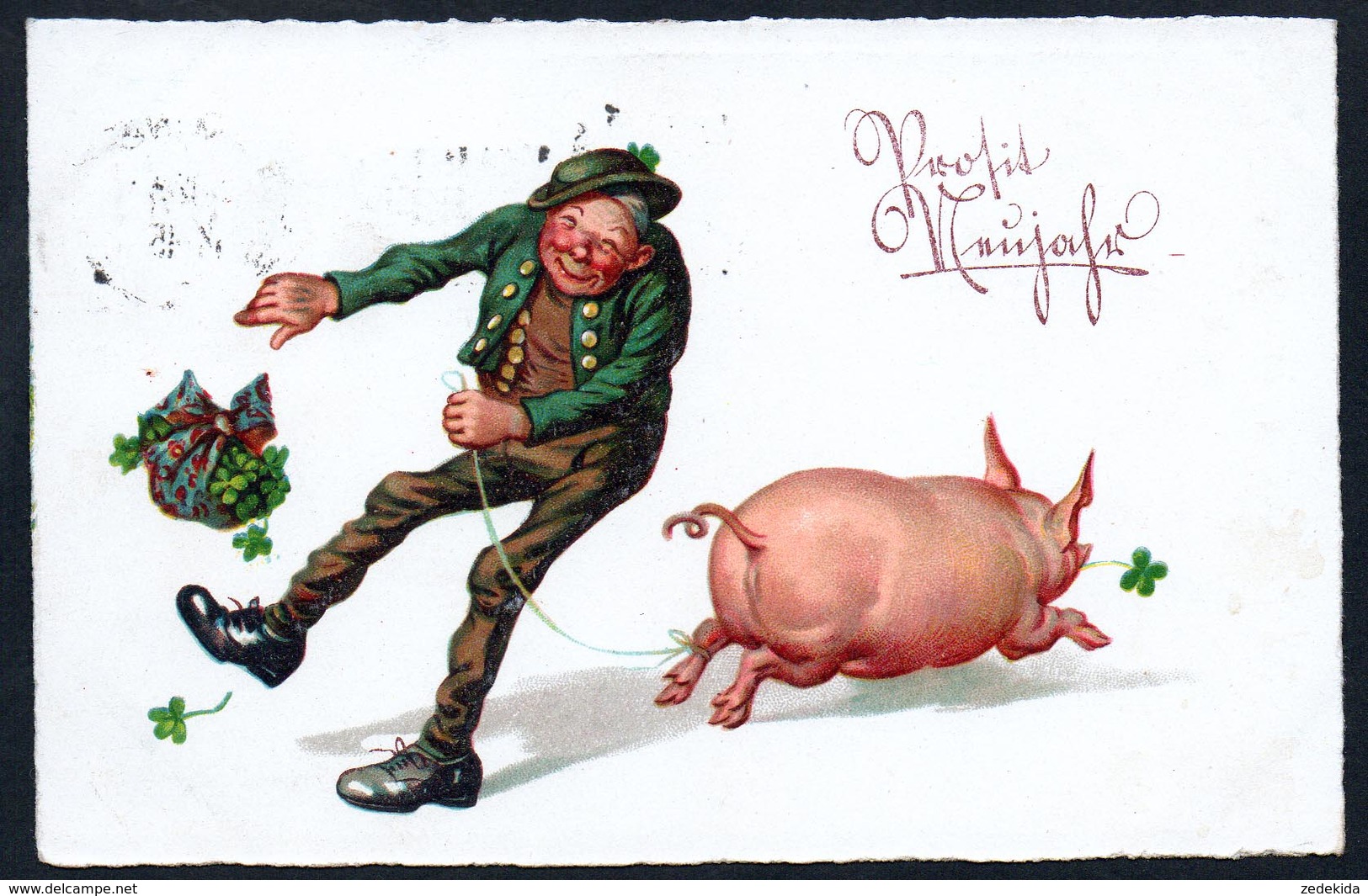 A3699 - Alte Litho Glückwunschkarte - Neujahr - Kleeblatt Schwein Glücksschwein - Werbestempel WHW Gel 1937 - Nouvel An