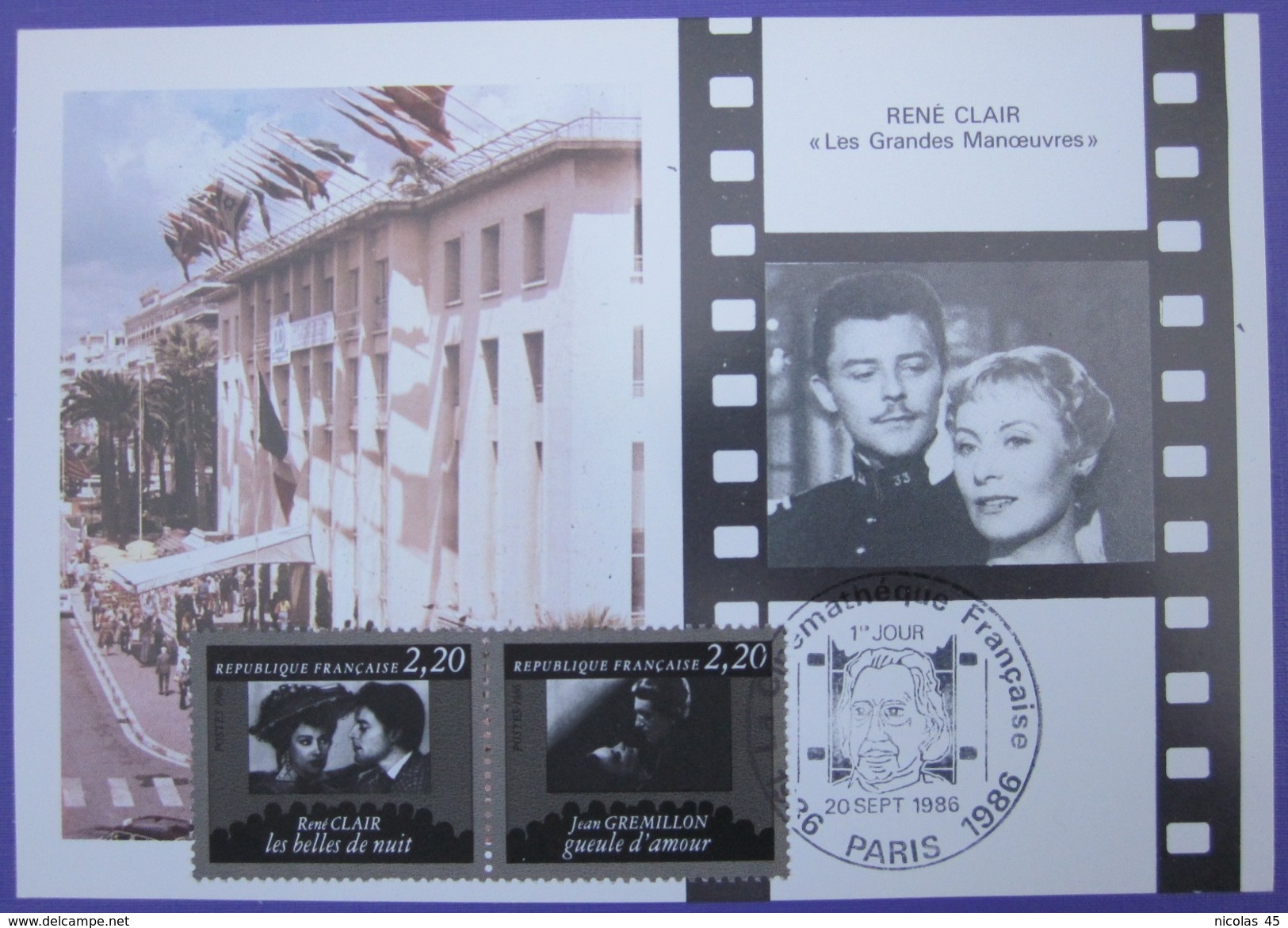 Carte Postale Maximum - FDC - Cinéma - 1986 - Clair - Gremillon - YT 2439 2440 - 1980-1989