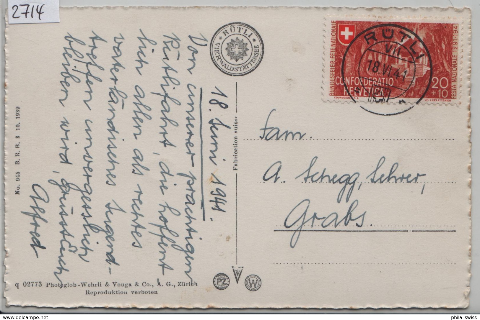 1941 Hohle Gasse B14/397 - Stempel: Rütli Auf AK Nach Grabs 18.VI.41 - Lettres & Documents