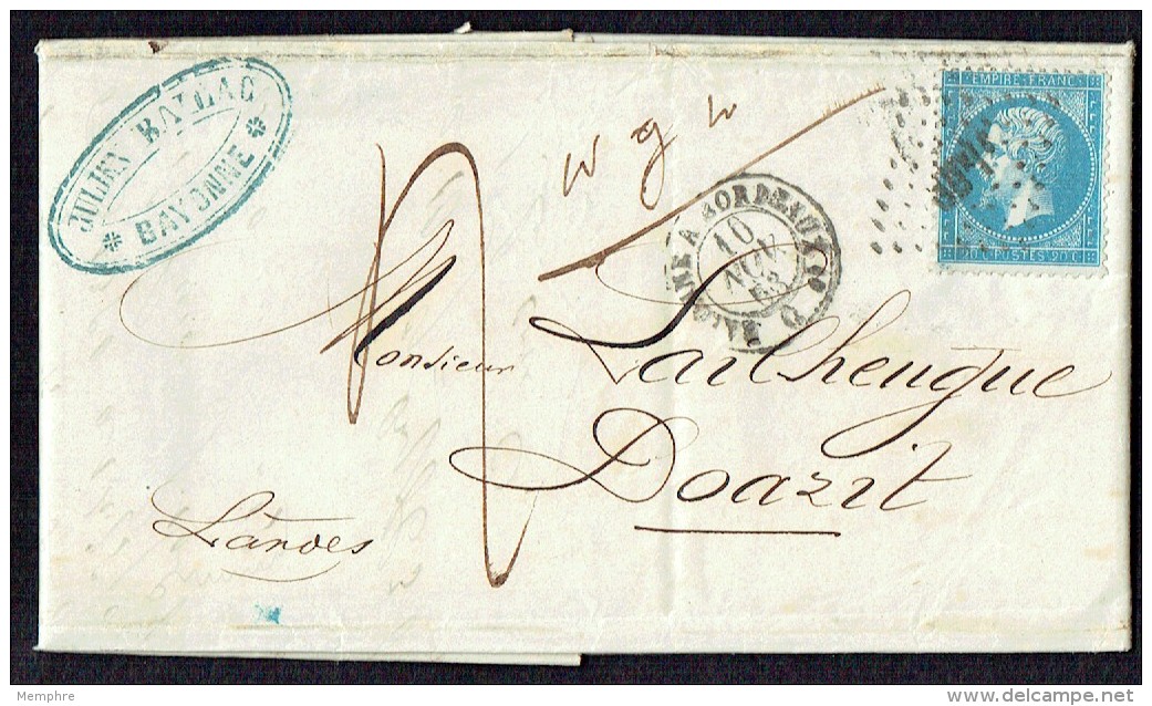 1863  Lettre De Bayonne Pour Doazit Yv 22 Ambulant Bayonne à Bordeaux - 1862 Napoleon III