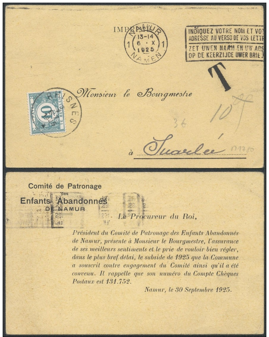 AO538 Carte Postale Taxée De Namur à Rhisnes 1925 - Cartes Souvenir – Emissions Communes [HK]