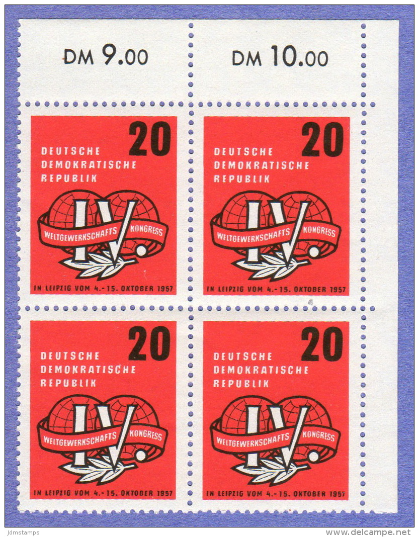 DDR SC #364 MNH B4 1957 Int'l Trade Union Congress, CV $2.20 - Unused Stamps