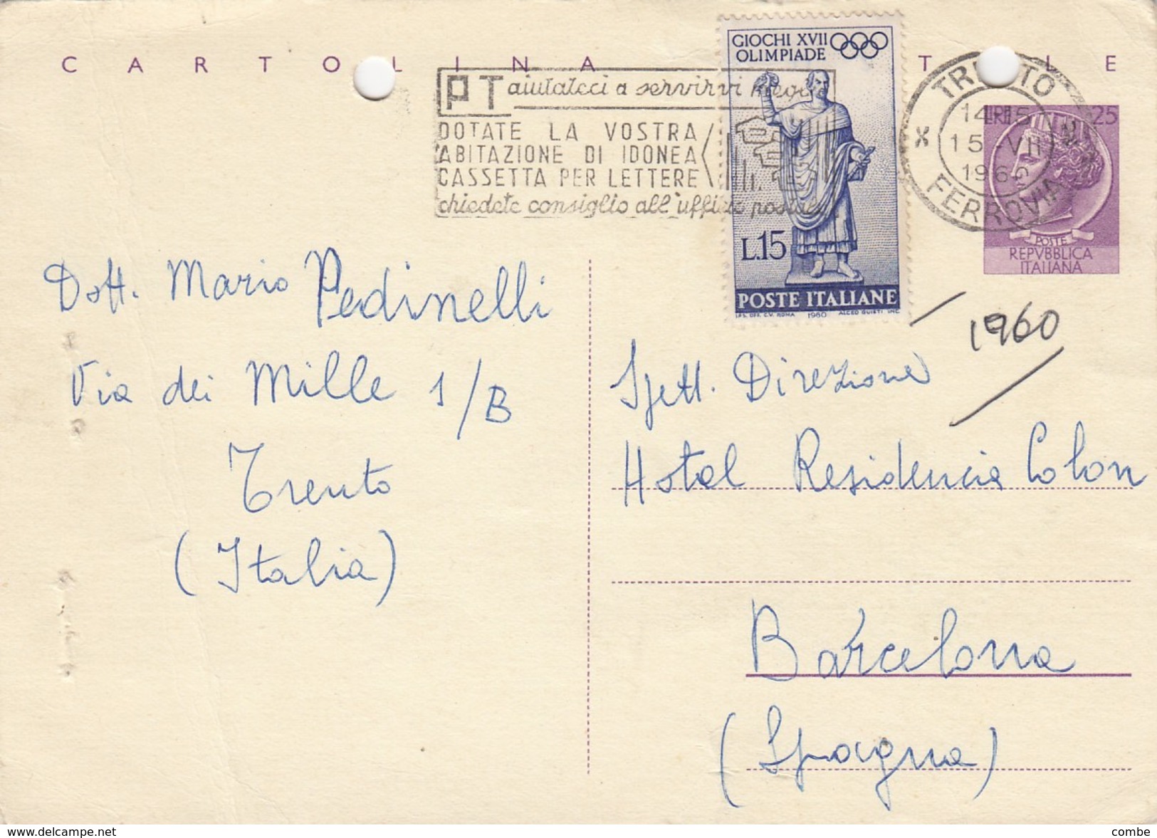 CARTE ITALIE. 15 7 1960. POUR BARCELONA - Non Classificati