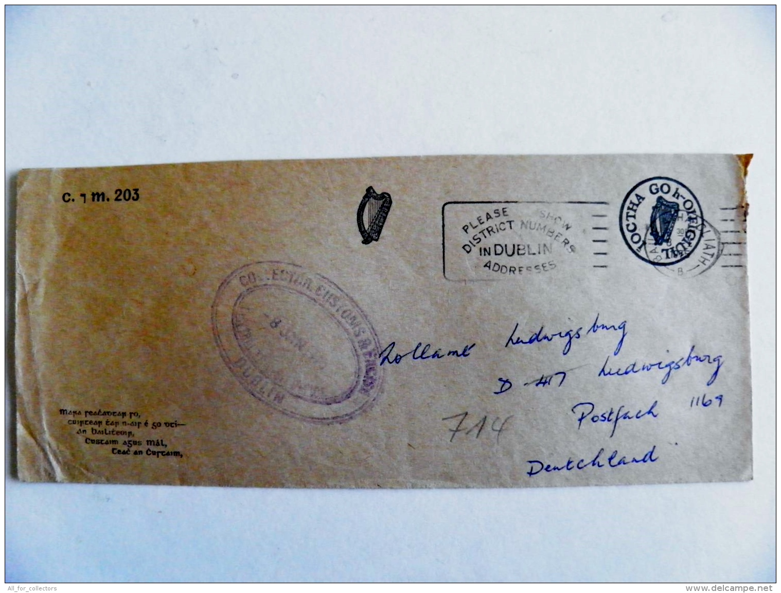 Cover From Eire Ireland To Germany 1975 Machine Cancel Dublin Musical Instrument Harp - Storia Postale