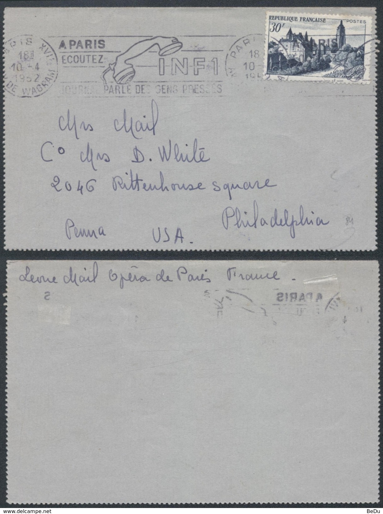 A886 France Lettre De Paris à Philadelphia  ( USA ) 1952 - Covers & Documents