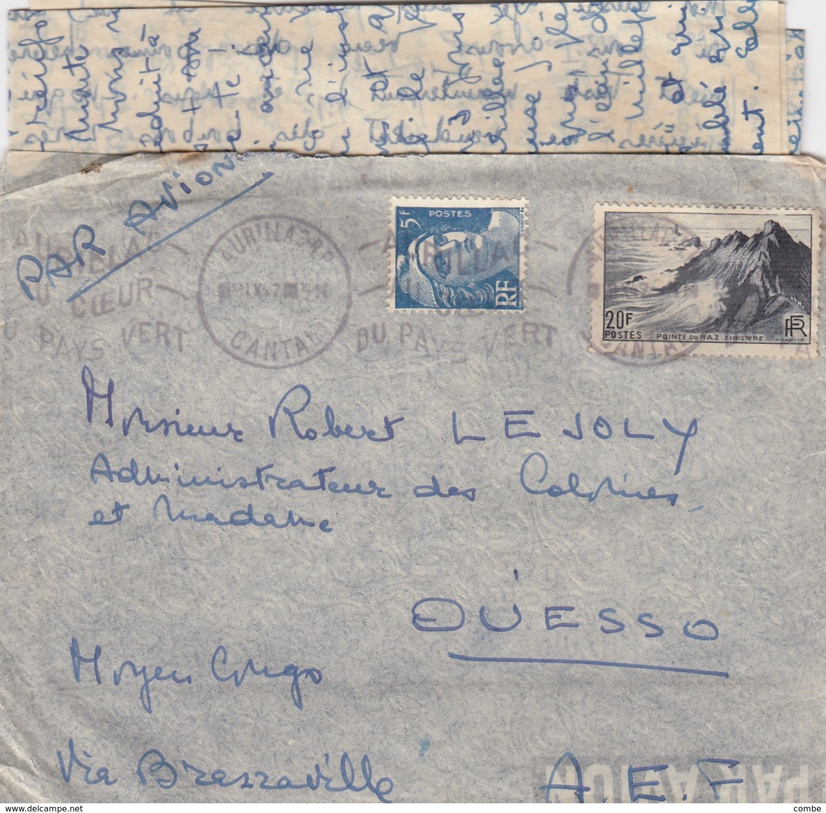 LETTRE AVEC CORRESPONDANCE. 3 SEPT 1947.  POUR OUESSO MOYEN CONGO RARE DESTINATION - 1921-1960: Moderne