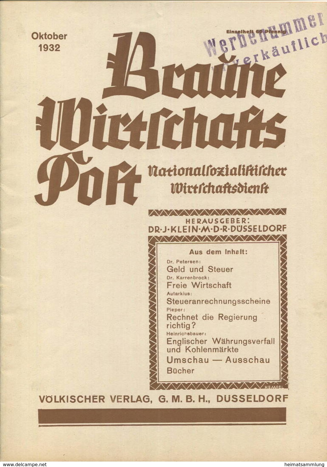 Braune Wirtschaftspost Oktober 1932 - 1. Jahrgang Heft 4 20 Seiten - Nationalsozialistischer Wirtschaftsdienst - Herausg - Contemporary Politics