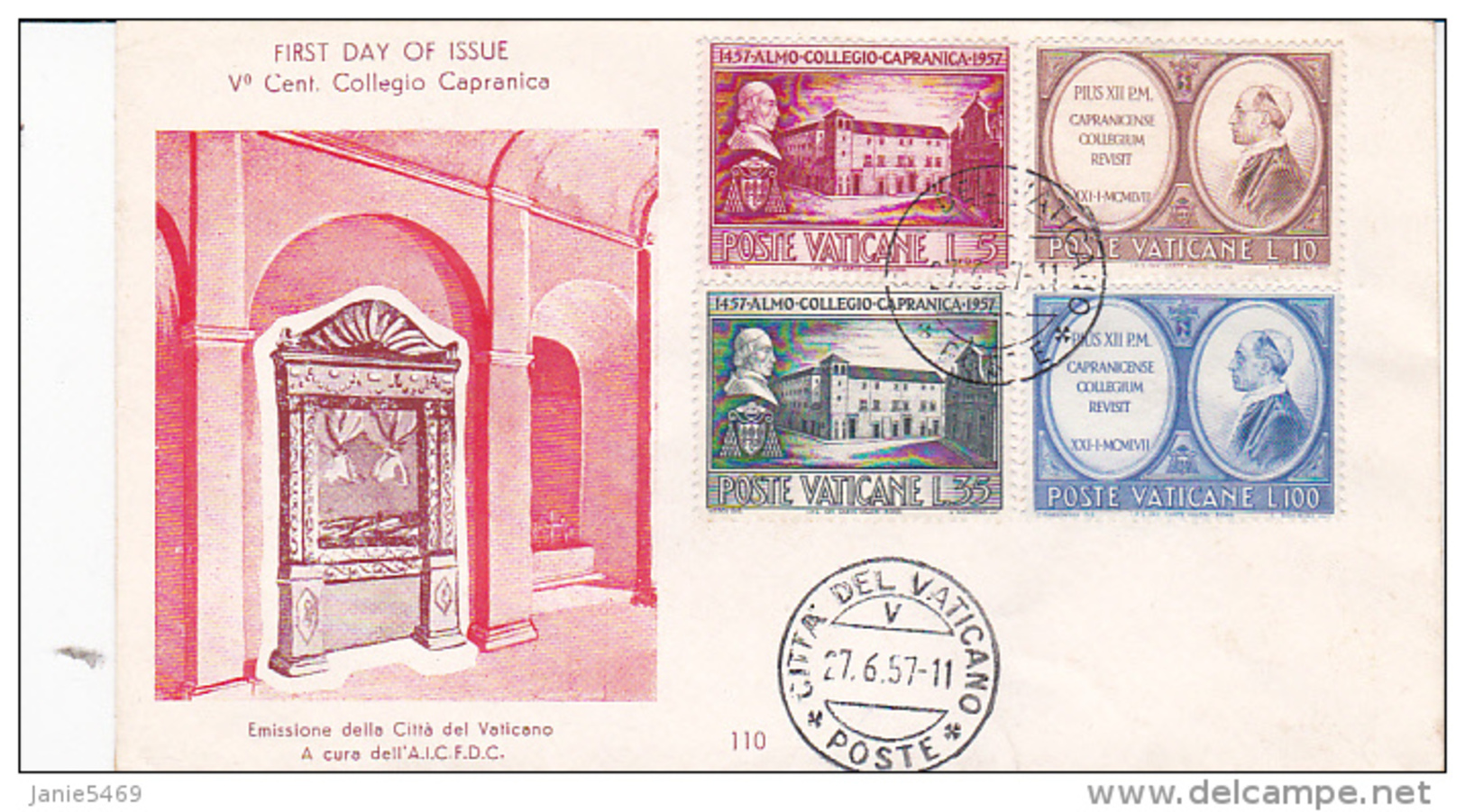 Vatican City 1957 V Centenary Capranicus College FDC - FDC