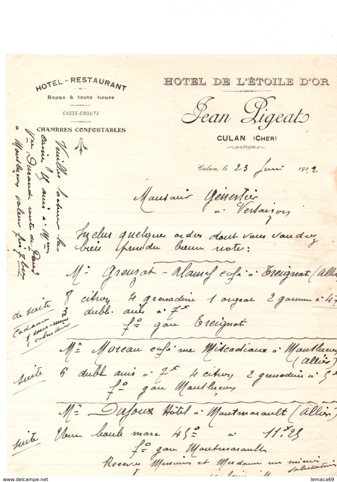 Vieille Facture Hotel-restaurant Repas à Toute Heure Hotel De L'etoile D'or Jean Pigeat Culan (cher) - 1900 – 1949