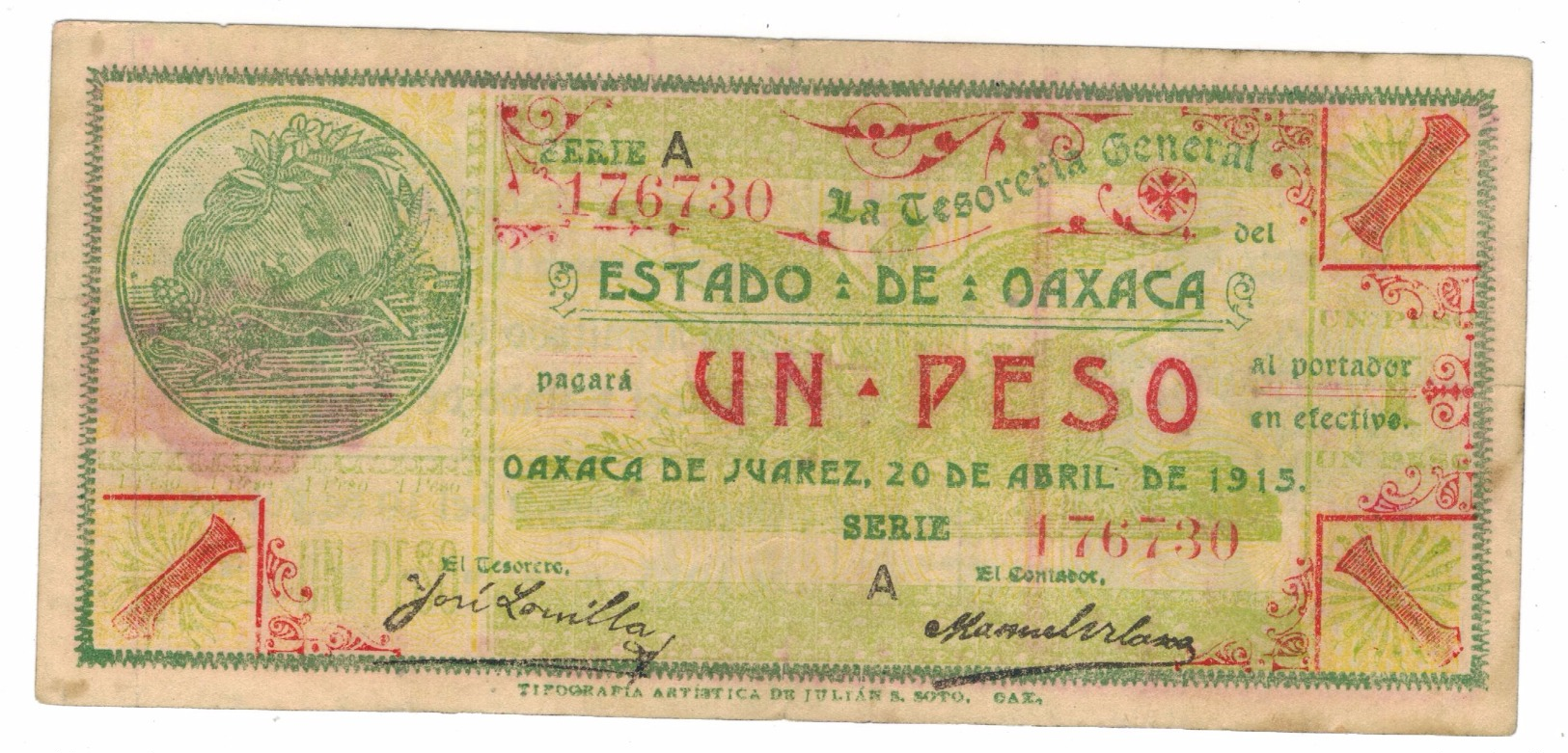 Mexico 1 Peso Revolution, Oaxaca 1915, VF/XF . A Series. - Mexico