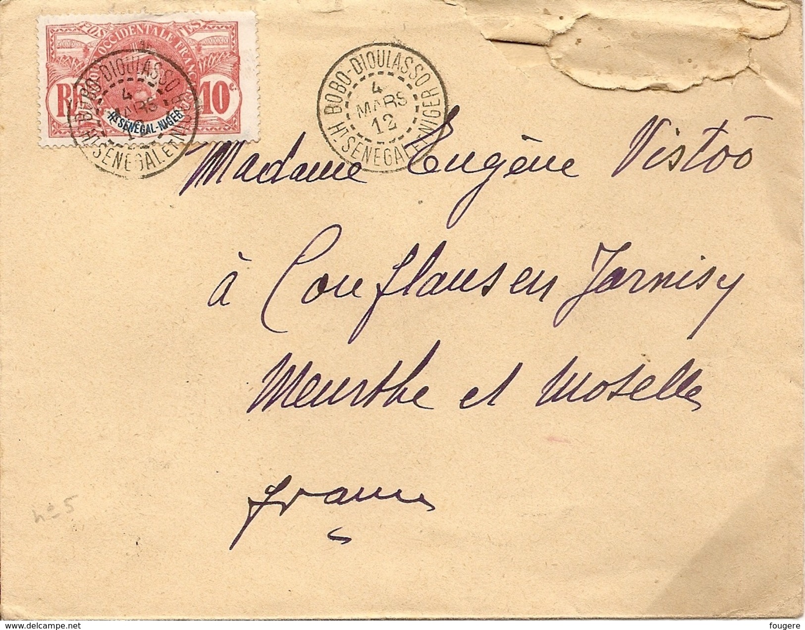 Haut-Sénégal Niger, Enveloppe Timbre N°5, 10c, Bobo Dioulasso, Kayes à Conflans En Jarnisy, Meurthe Et Moselle 1912 - Lettres & Documents