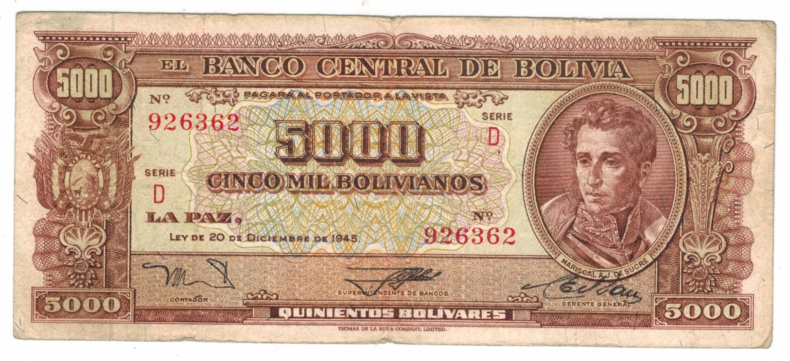 Bolivia 5000 Bs. 1945, P-150, F/VF. - Bolivia