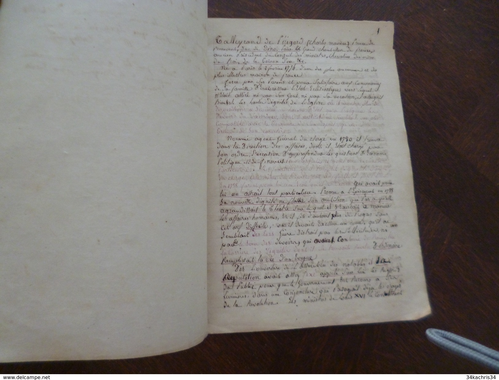 Notice Sur Le Prince De Talleyrand De Périgord. Copie Original Manuscrite Corrigée Par Talleyrand 21 Pages Inédit??????? - Manuskripte