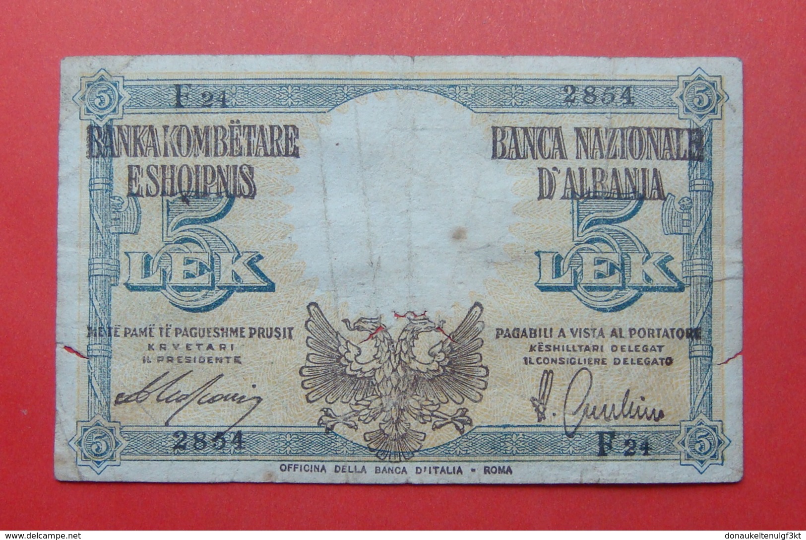 ALBANIA - ITALIA. 5 LEK ND 1939, Serial #  F24 2854, - Albania