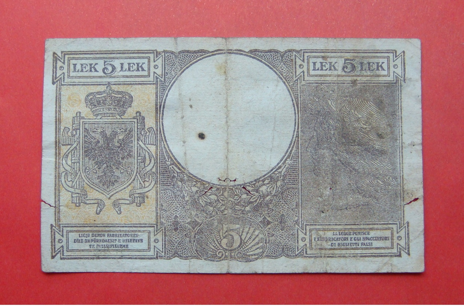 ALBANIA - ITALIA. 5 LEK ND 1939, Serial #  F24 2854, - Albania