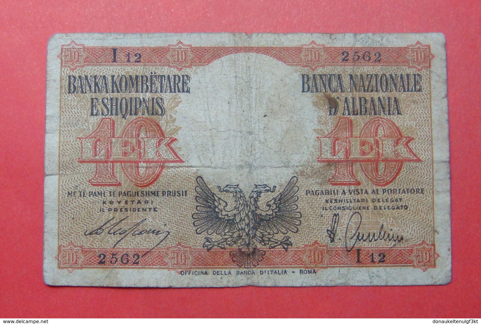 ALBANIA - ITALIA. 10 LEK ND 1939, Serial #  I12 2562, - Albania