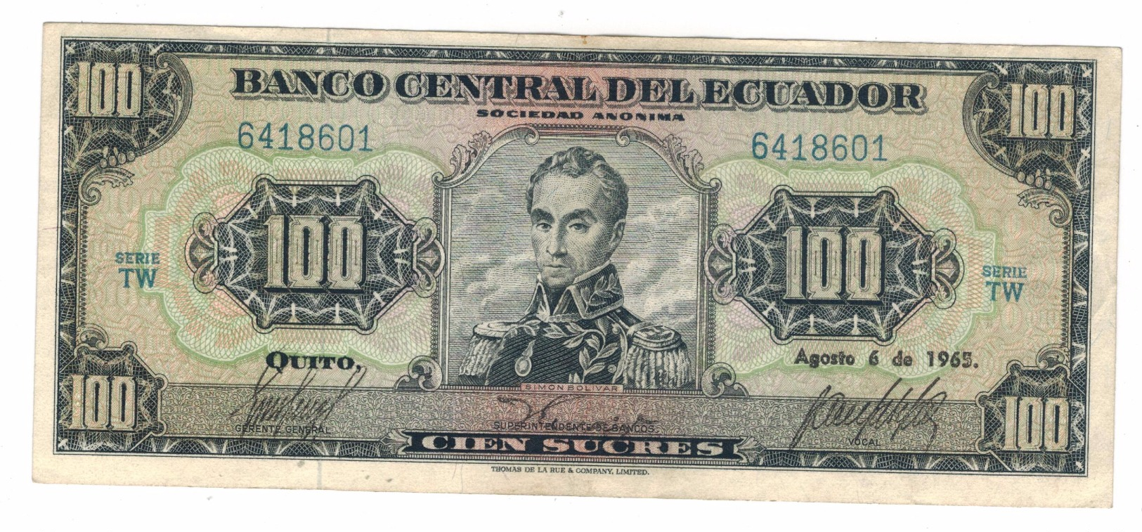 Ecuador 100 Sucres 1965,  Crisp VF. With Dot In Date.  RARE!!! - Ecuador
