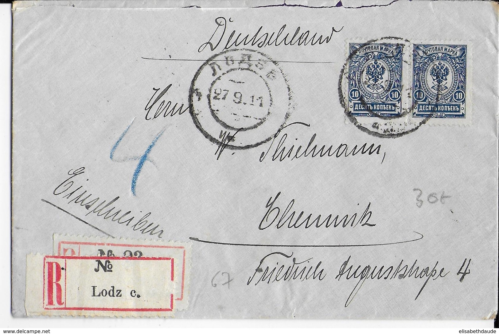 1911 - POLOGNE ADM RUSSE - LETTRE De LODZ Avec ETIQUETTE RECOMMADEE LETTRE LATINE Sur CYRILLIQUE => CHEMNITZ (ALLEMAGNE) - Briefe U. Dokumente