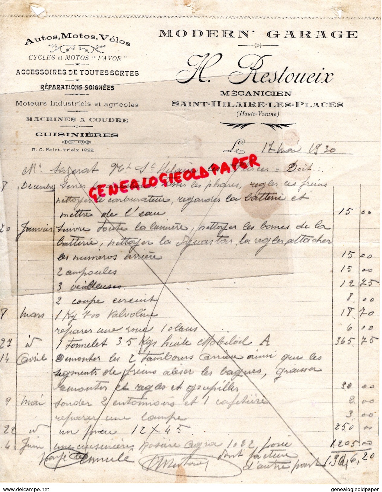 87 - SAINT HILAIRE LES PLACES- ST HILAIRE-FACTURE H. RESTOUEIX -MECANICIEN MODERN GARAGE- AUTOS MOTOS VELOS- 1930 - Automovilismo