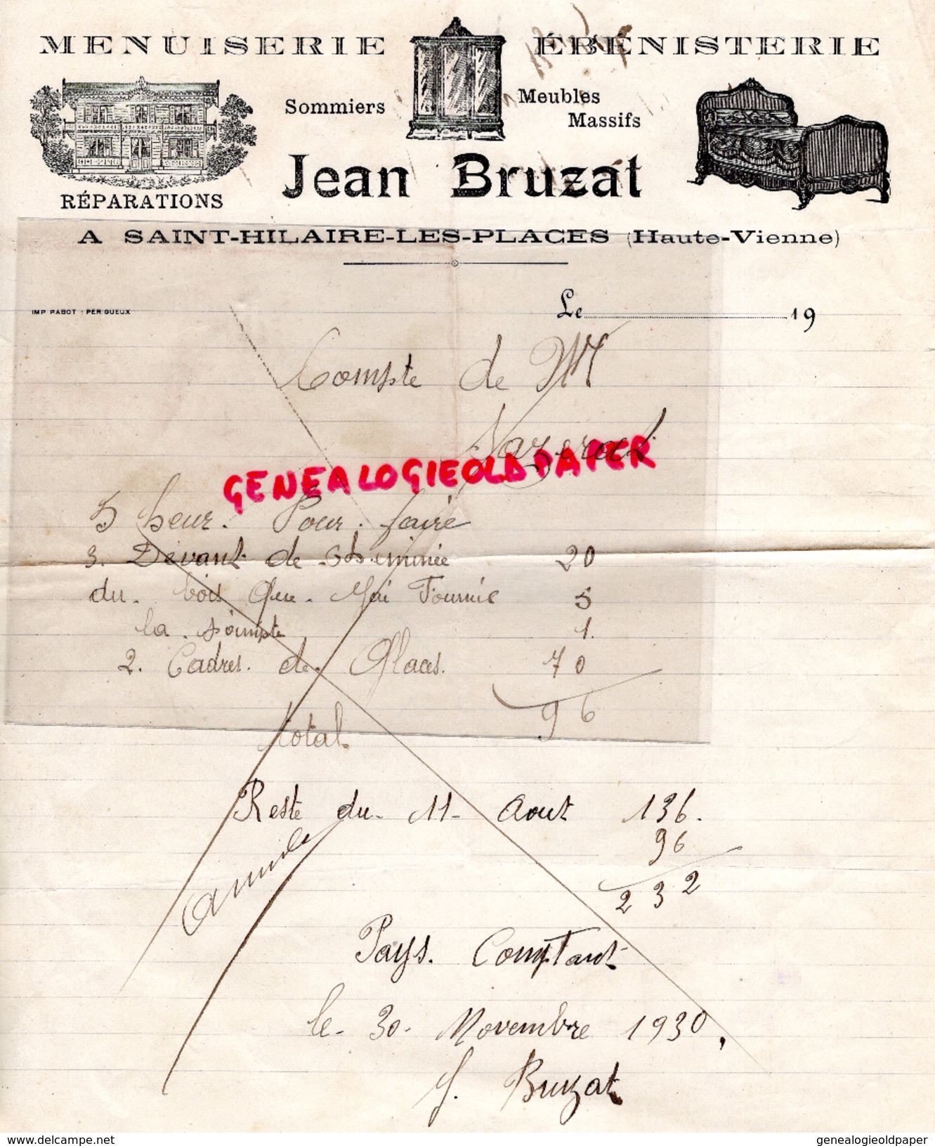 87 - SAINT HILAIRE LES PLACES- FACTURE JEAN BRUZAT- MENUISERIE EBENISTERIE- 1930  M. SAZERAT - Automobilismo