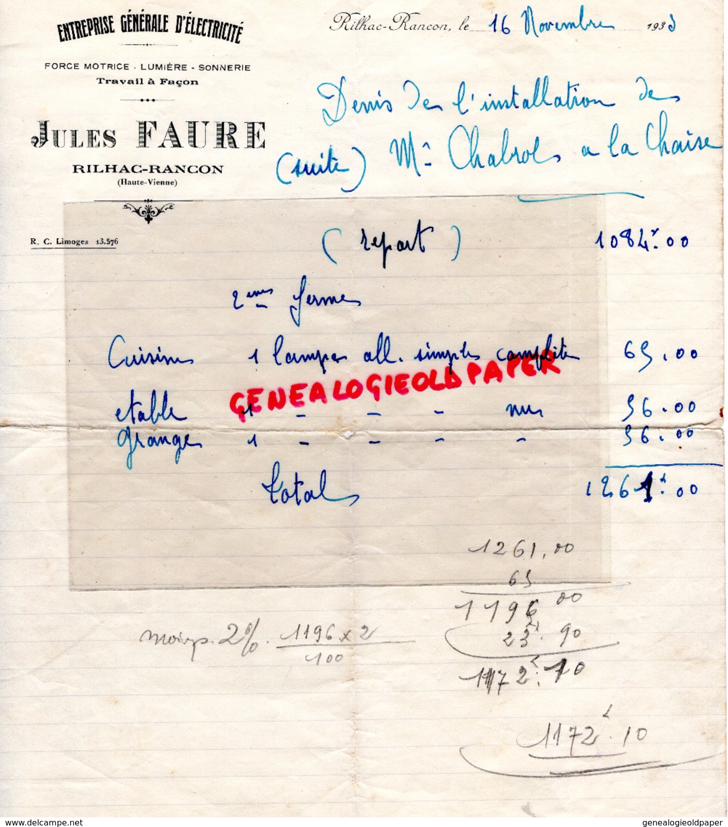 87 - RILHAC RANCON- FACTURE JULES FAURE- ENTREPRISE GENERALE ELECTRICITE- 1933 VILLAGE DE CHAIZE - Old Professions