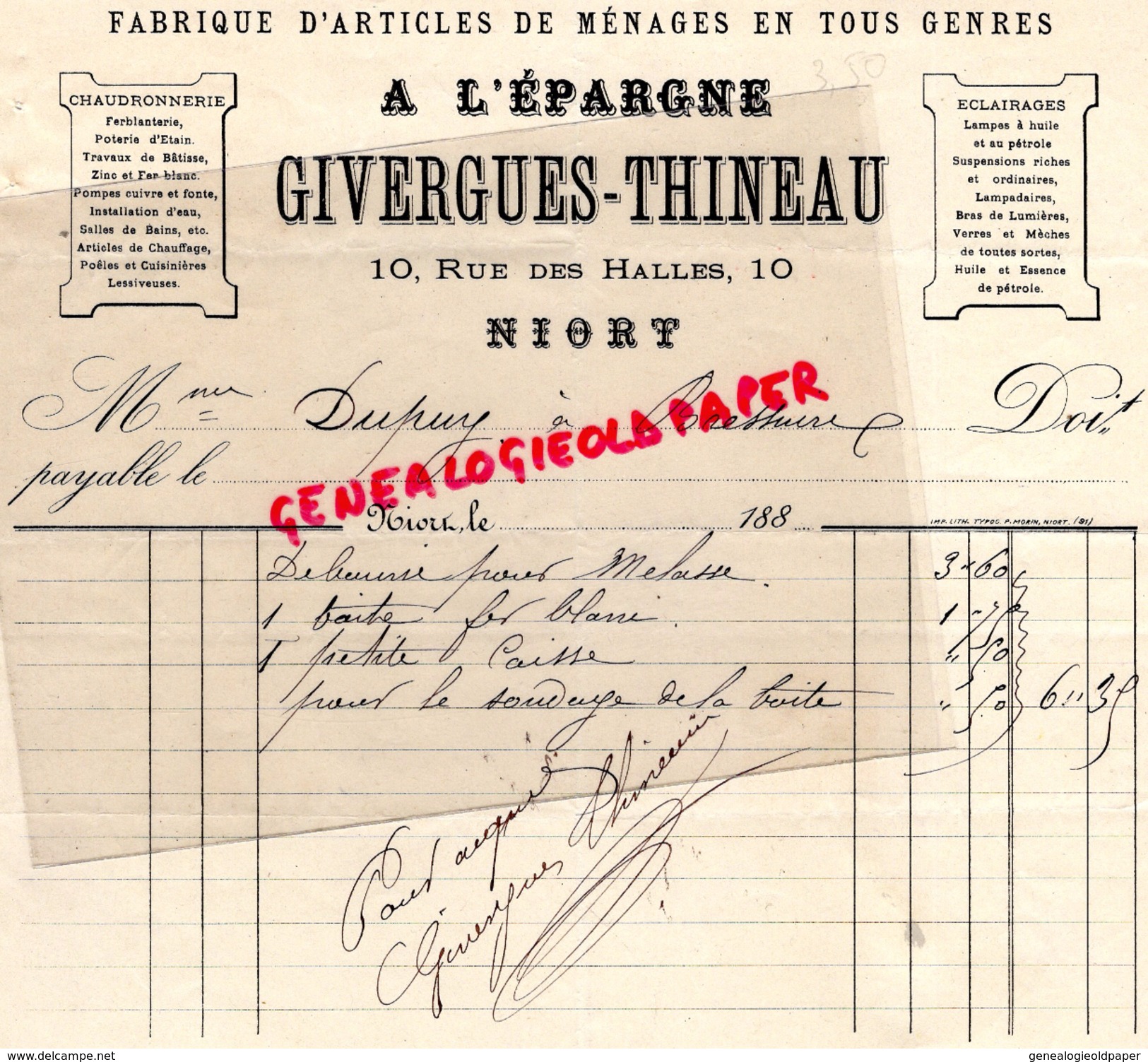 79- NIORT - FACTURE GIVERGUES THINEAU- FABRIQUE ARTICLES MENAGES- A L' EPARGNE- CHAUDRONNERIE-10 RUE DES HALLES- 1880 - Old Professions