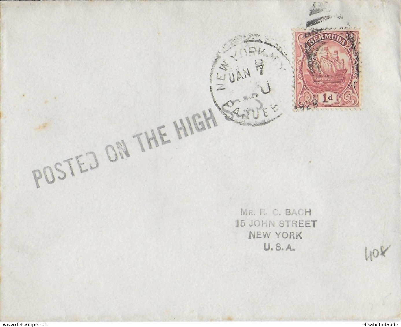 1910/1920 - BERMUDA - MARITIME - ENVELOPPE POSTEE En HAUTE MER => NEW YORK (USA) - Bermuda